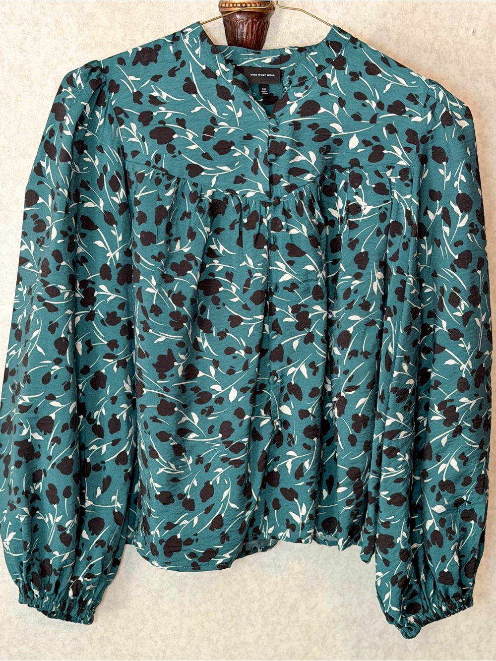 Who What Wear Teal Floral Button Front Peasant Blouse Medium Boho Cottagecore - Picture 2 of 8